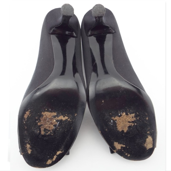 Stuart Weitzman Black Satin Ruffle Peep Toe Heel Pumps 7 - Picture 8 of 8